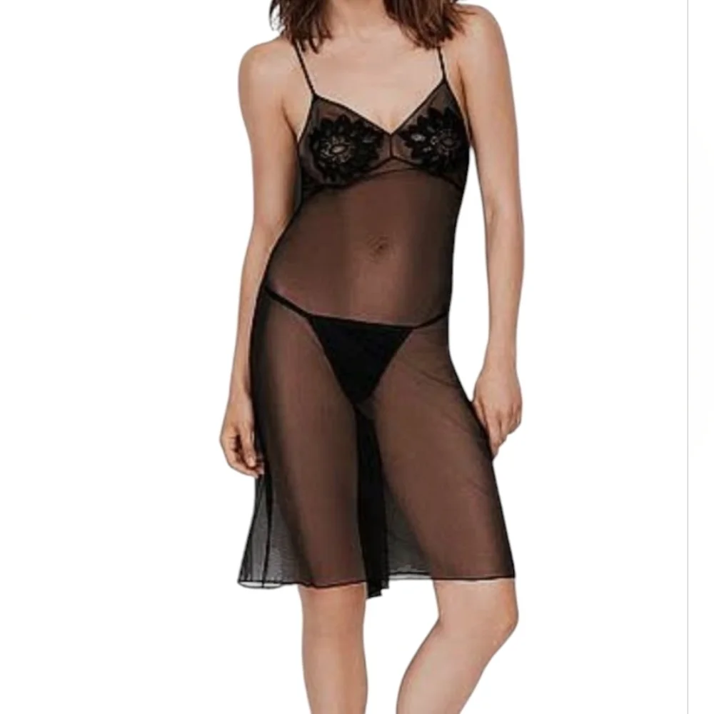 VS Sheer Mesh Sexy Chemise Lingerie With Embellishments